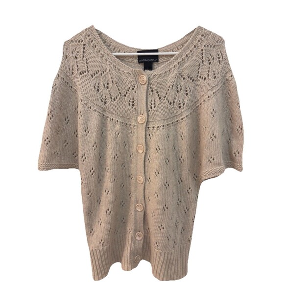 CYNTHIA ROWLEY Short Sleeve Round Neck Cream Eyelet Cardigan Sweater Size L - Picture 1 of 4